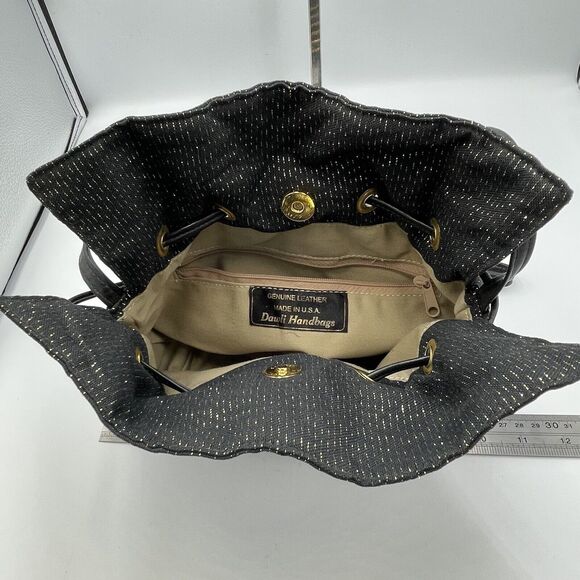 DAWLI Gold Metallic Studded Black Leather & Fabric Crossbody Bucket Purse Bag - Picture 9 of 9
